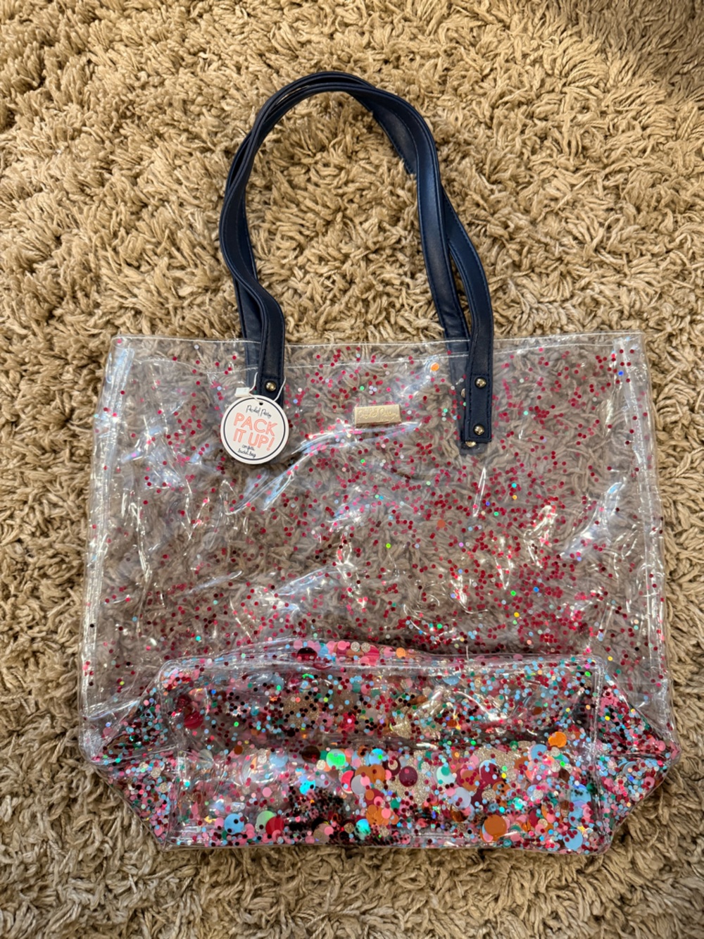 Packed Party Clear Confetti Tote Bag with Navy Handles
